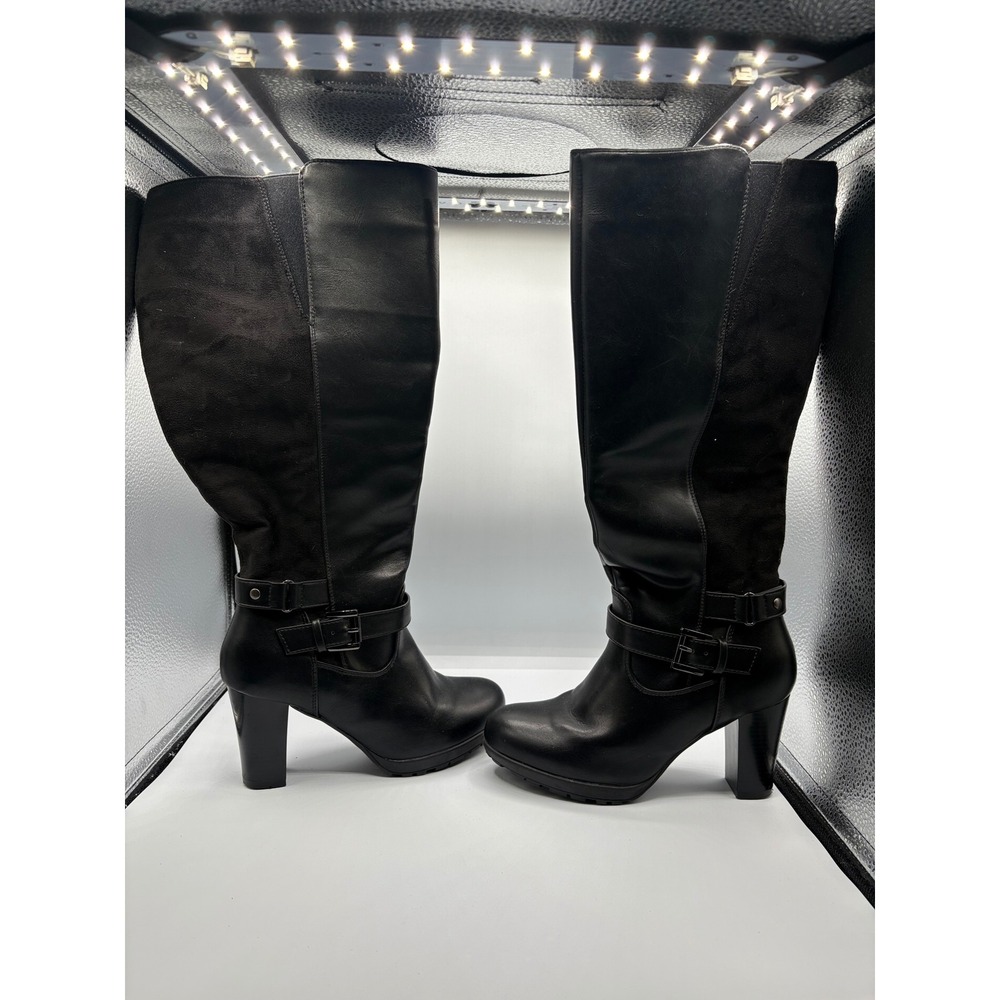 Black Knee High Mixed Media Block Heel Boots Size 7 Buckle Detail Lug Sole